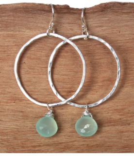 blue chalcedony sterling hoop earrings on wood