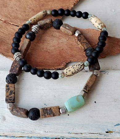 blue brown black beaded men's bracelet stack on wood