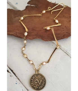 1941 Iceland coin necklace with pearls on wood