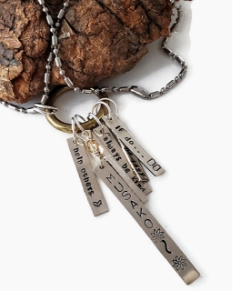 silver Word tag memorial charm necklace on wood