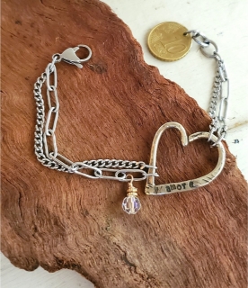 open heart mixed chain birthstone coin bracelet on wood