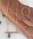  offset gray gemstone bronze bar paperclip chain necklace with coordinating earrings