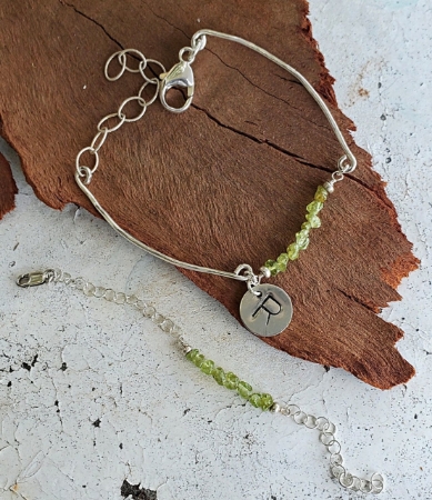 Silver greens stone initial charm bracelet set