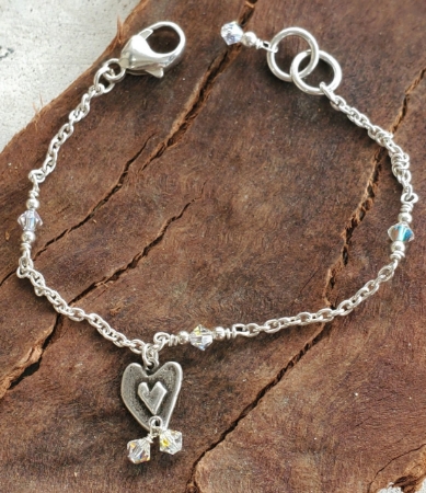 silver chain, heart charm, Swarovski crystal birthstone bracelet