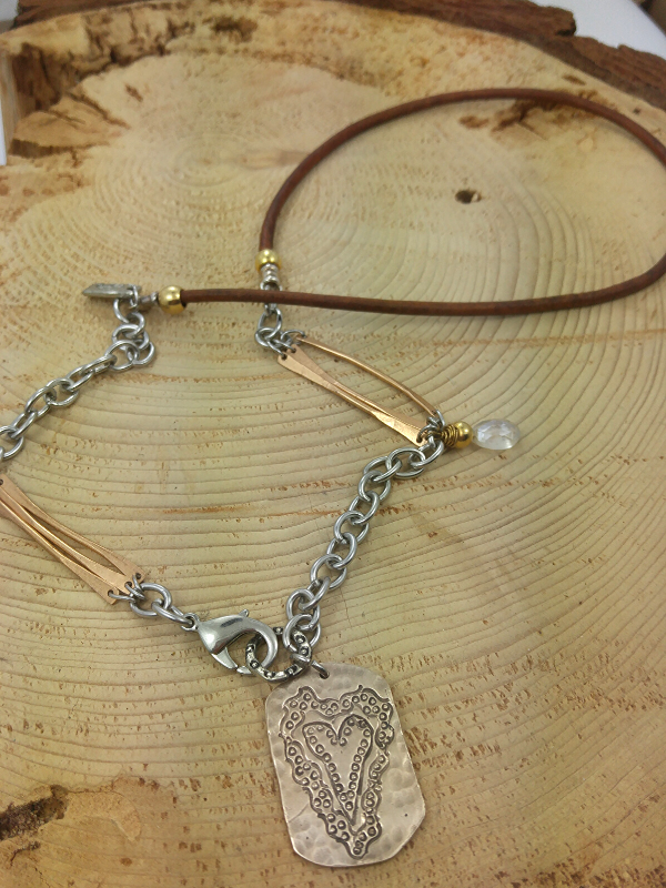 long leather chain mixed metal heart necklace