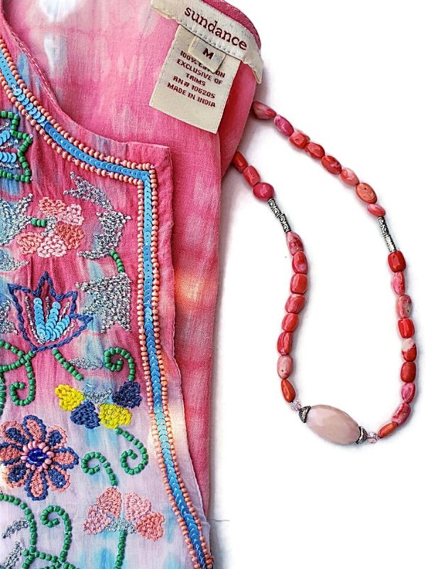 pink Sundance top and pink necklace