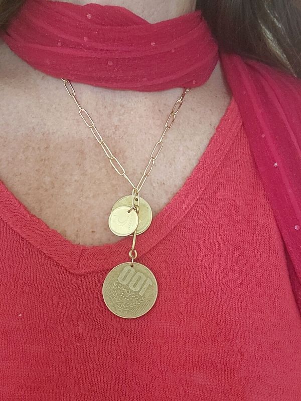 wearing scarf with coin cluster necklace