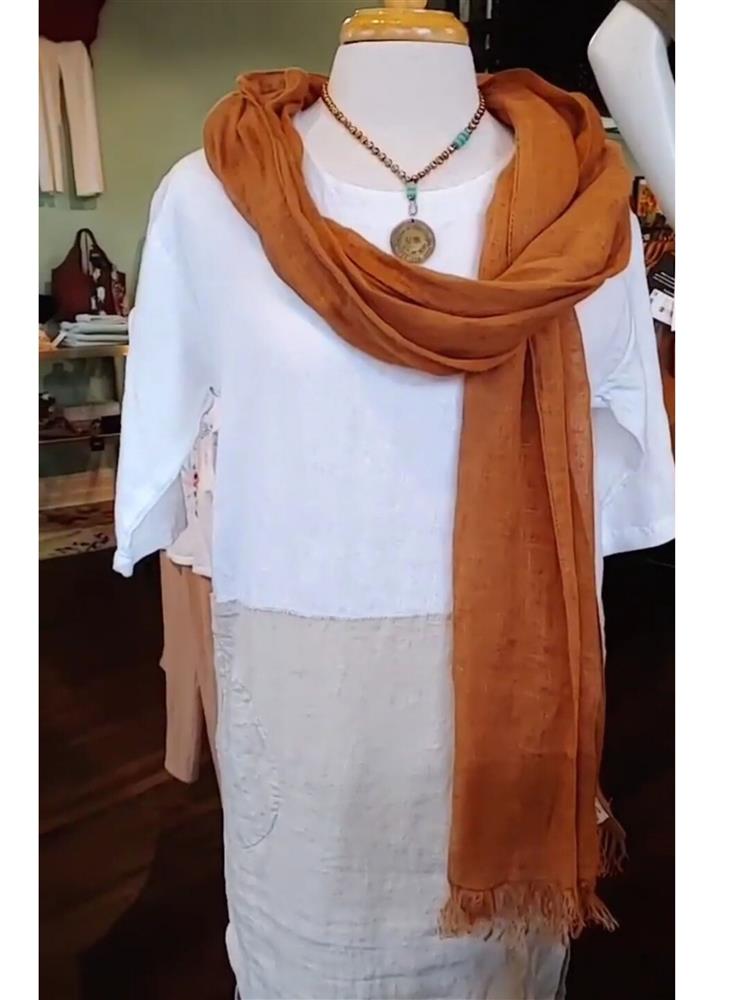 gold pearl teal gemstone coin necklace on mannequin