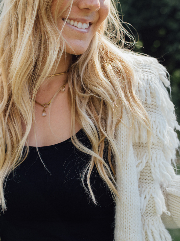 fringe knit sweater & layered necklaces on model