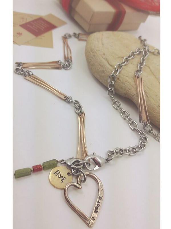 mixed metal long heart gemstone anniversary necklace