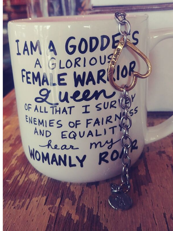 fun feminist mug and big heart bracelet